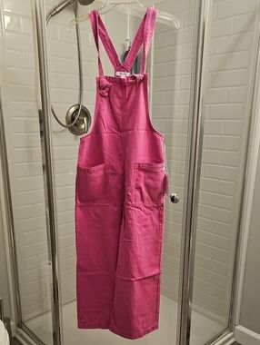Zenana Women's Hot Pink Denim Knot Strap Wide Leg Jumpsuit/Overalls. NWT.